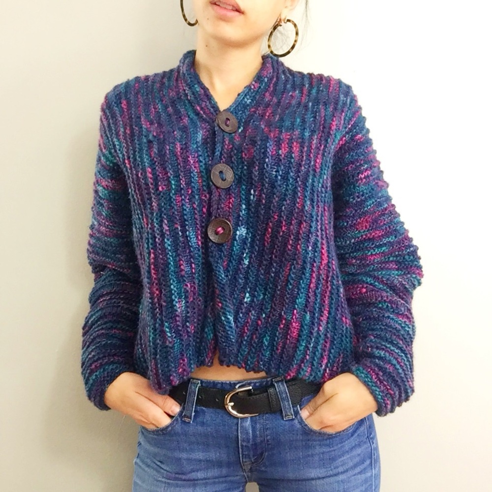 Pink blue cropped chunky knit button down sweater